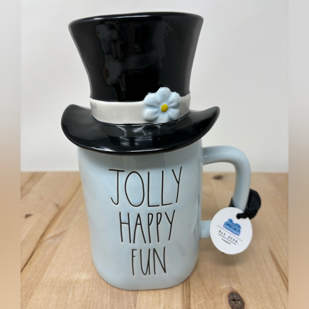 Rae Dunn JOLLY HAPPY FUN Mug Sky Blue with Novelty Top and Black LL New
